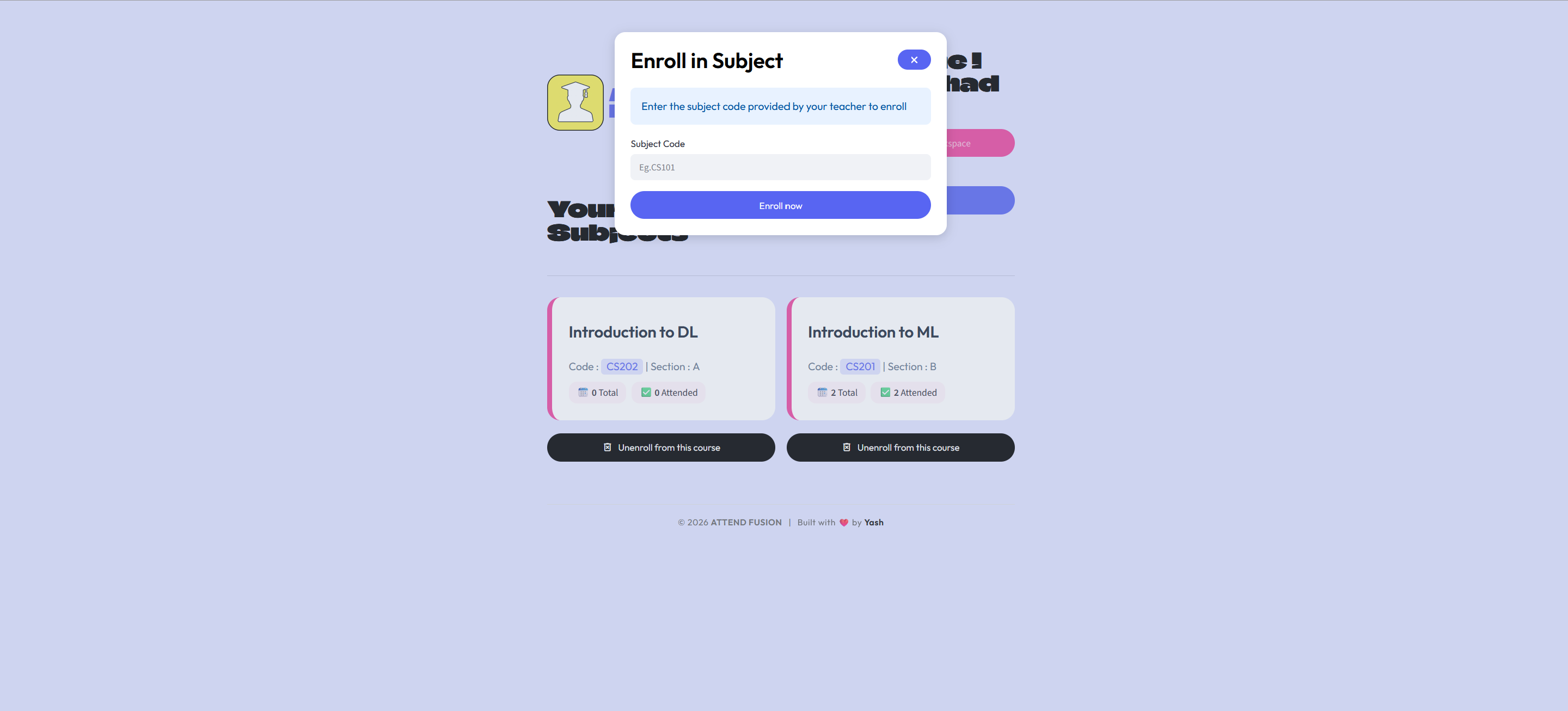 Subject Code Entry Modal